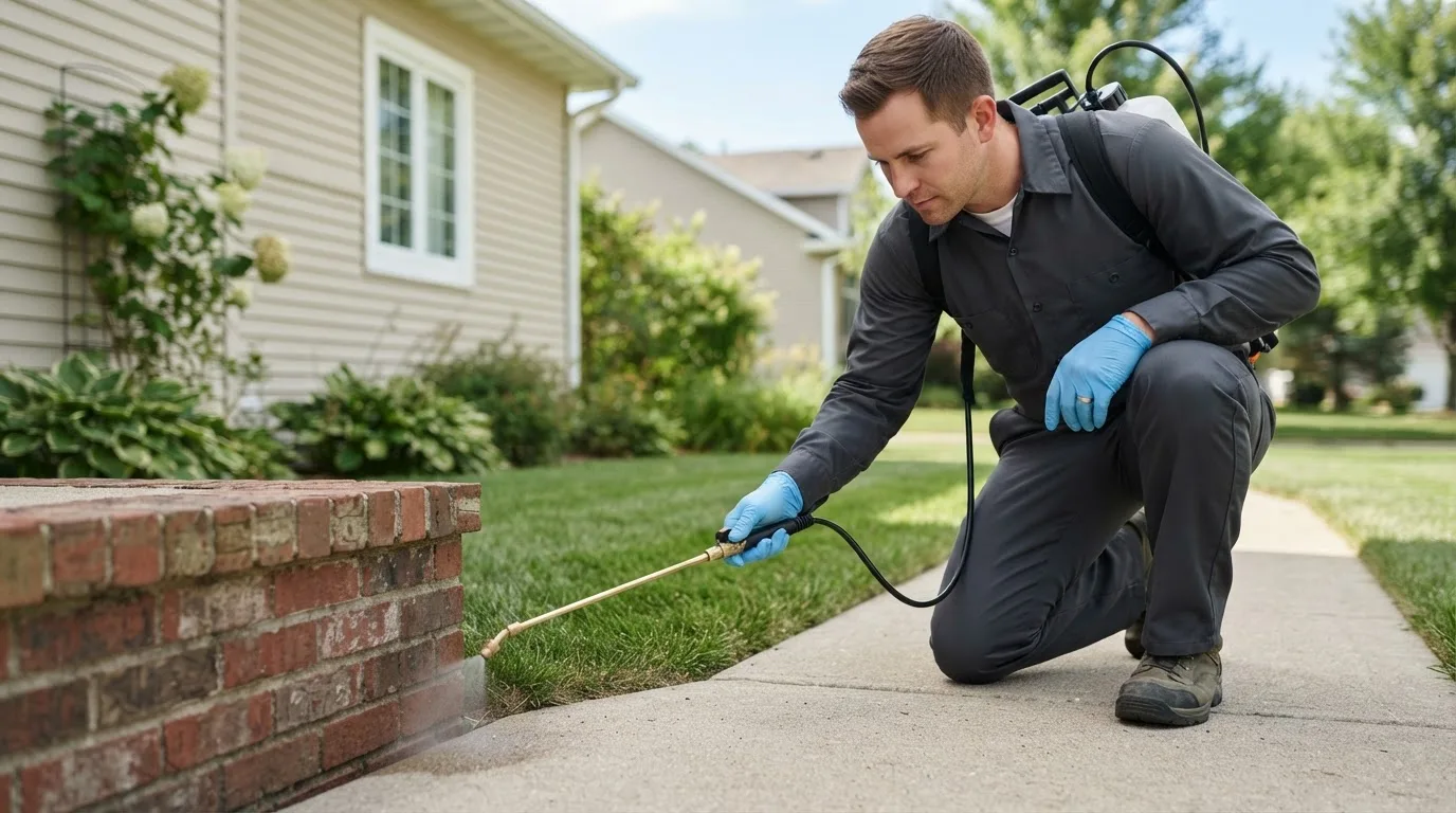 Pest control technician treating a home near Medora, IN